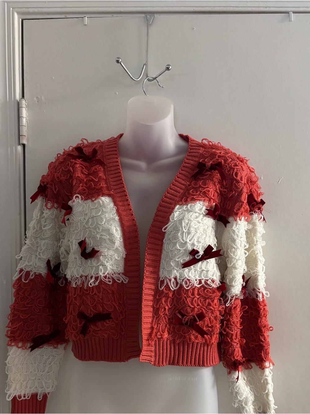 Mighty Fine Coral/Red and Cream Looped Ribbon-Trim Open Cardigan